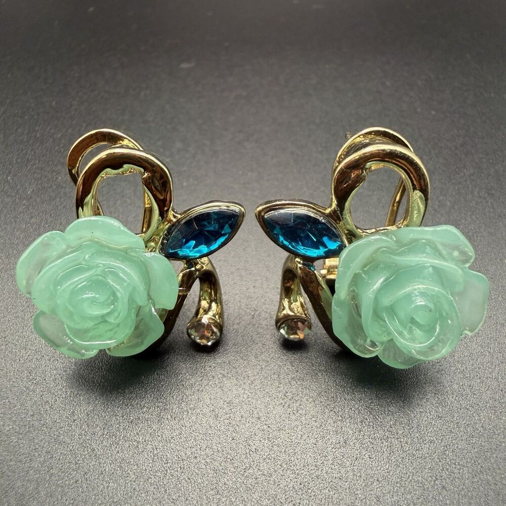 Vintage Mint Green Resin Rose Flower Earrings Blue Marquise Rhinestone Gold Tone